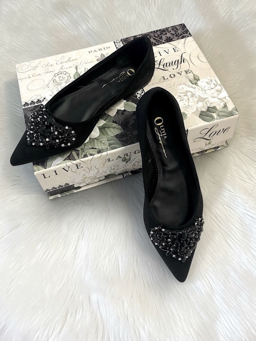 OLIVIA JAYMES Black Suede Jewel Point Flats